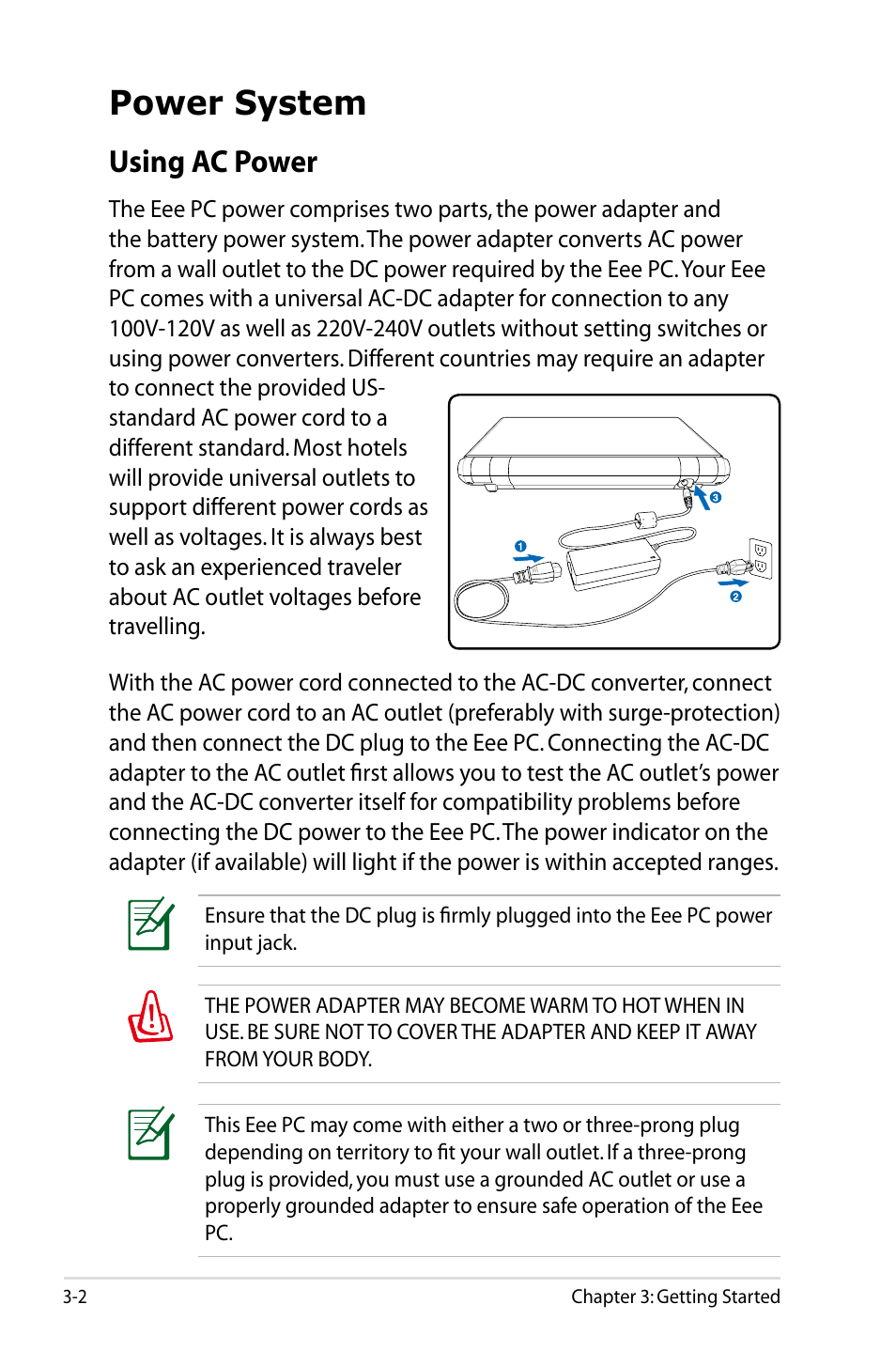 Power system, Using ac power | Asus Eee PC 900A/XP User Manual | Page 24 / 76