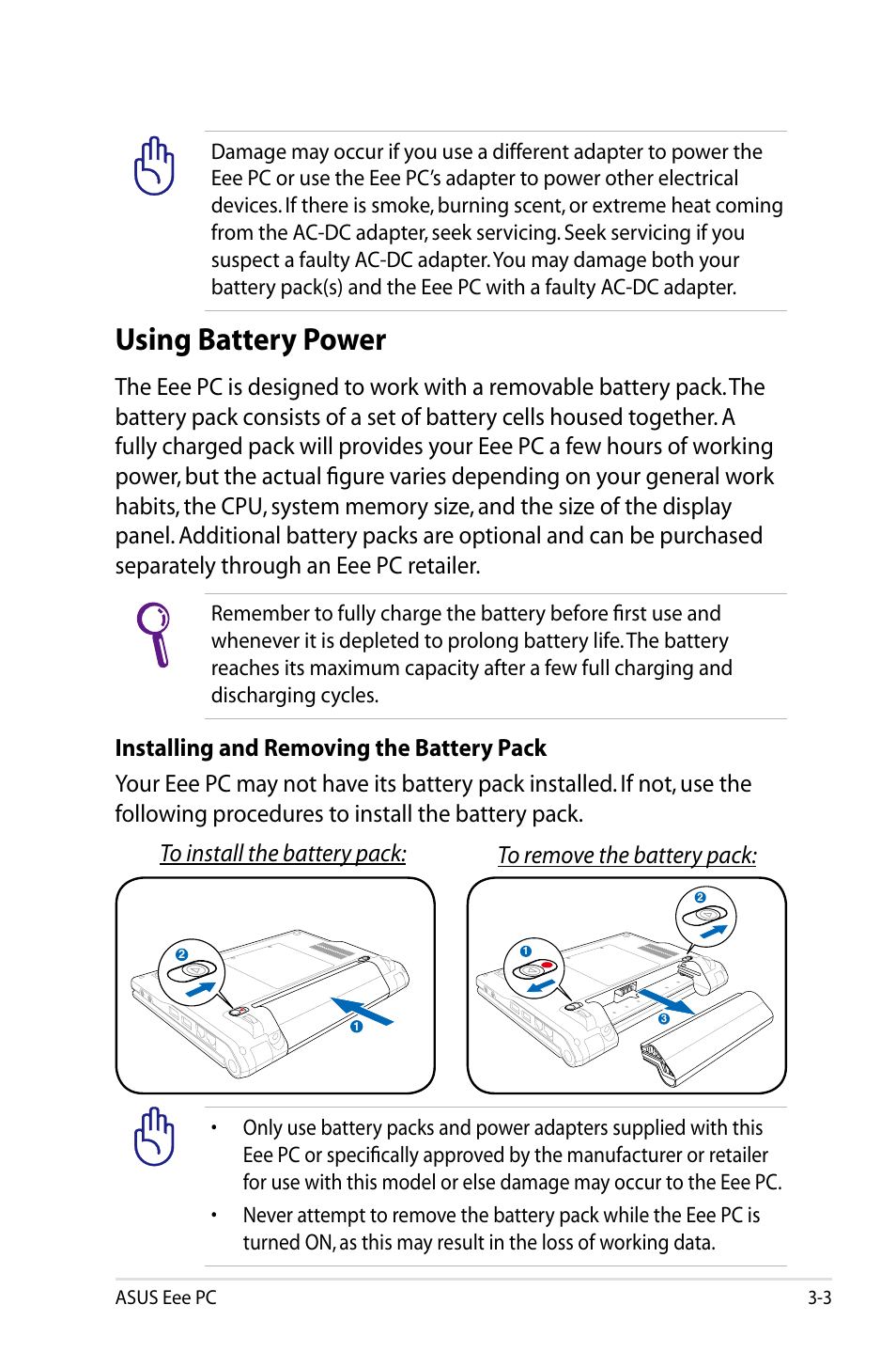 Using battery power | Asus Eee PC 900A/XP User Manual | Page 25 / 76