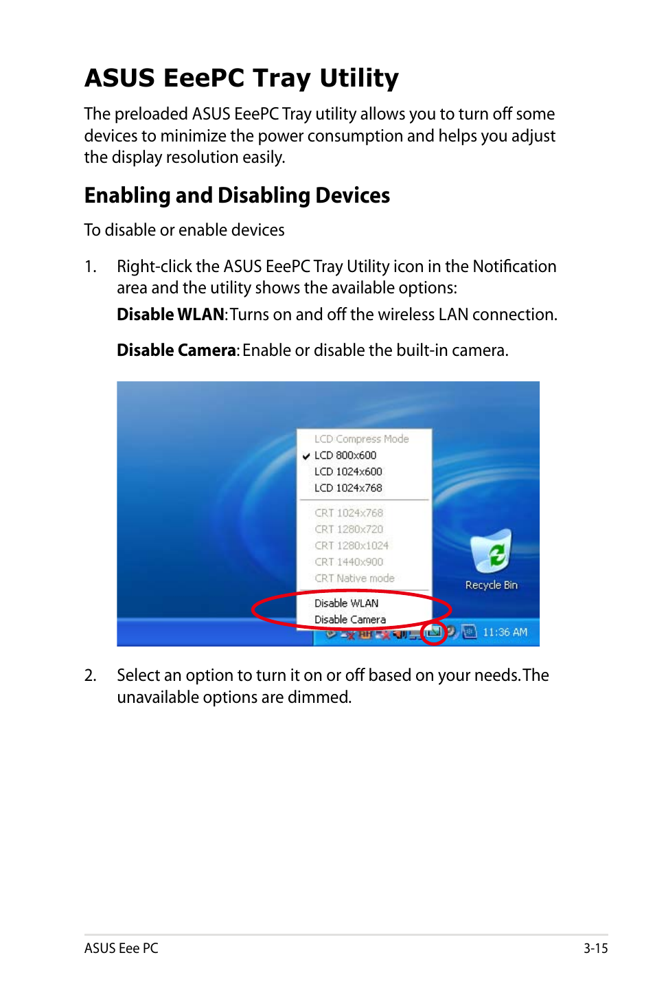 Asus eeepc tray utility, Enabling and disabling devices | Asus Eee PC 900A/XP User Manual | Page 37 / 76