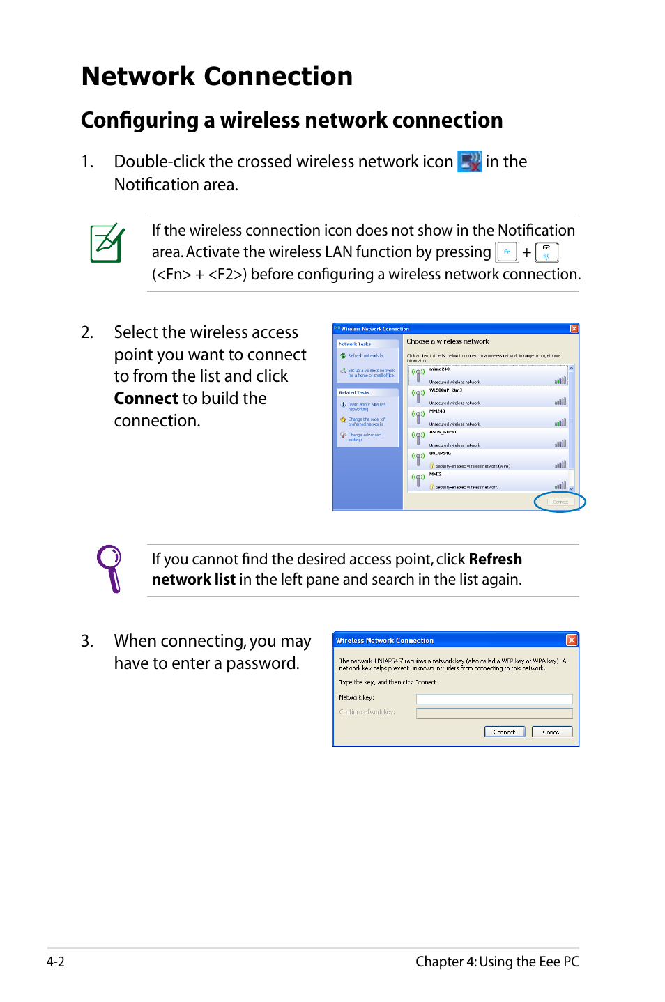 Network connection, Configuring a wireless network connection | Asus Eee PC 900A/XP User Manual | Page 42 / 76