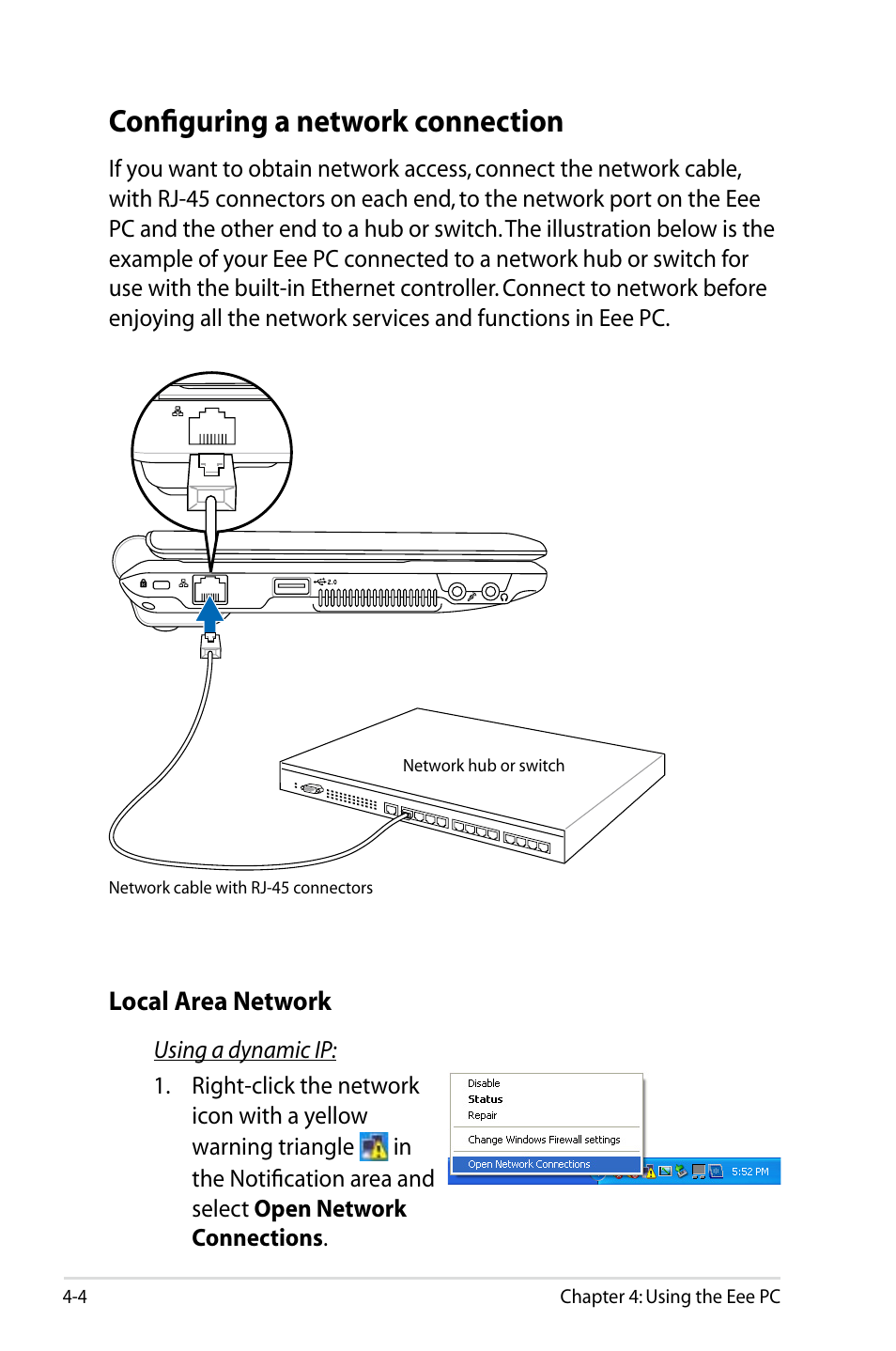 Configuring a network connection | Asus Eee PC 900A/XP User Manual | Page 44 / 76