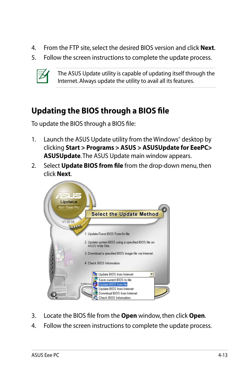 Updating the bios through a bios file | Asus Eee PC 900A/XP User Manual | Page 53 / 76