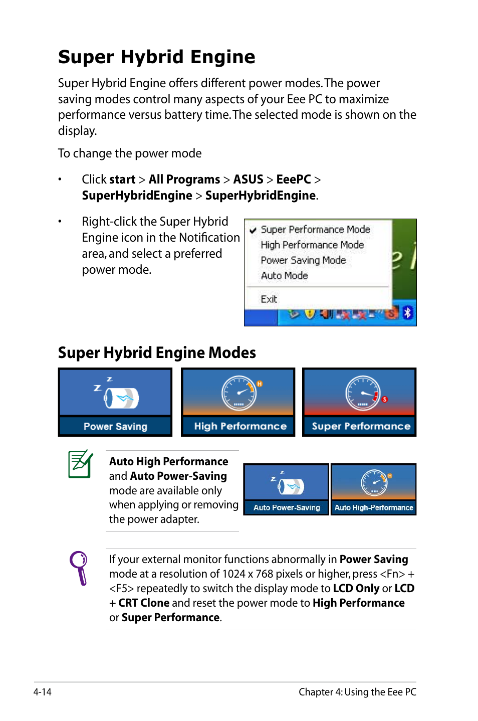 Super hybrid engine, Super hybrid engine modes | Asus Eee PC 900A/XP User Manual | Page 54 / 76