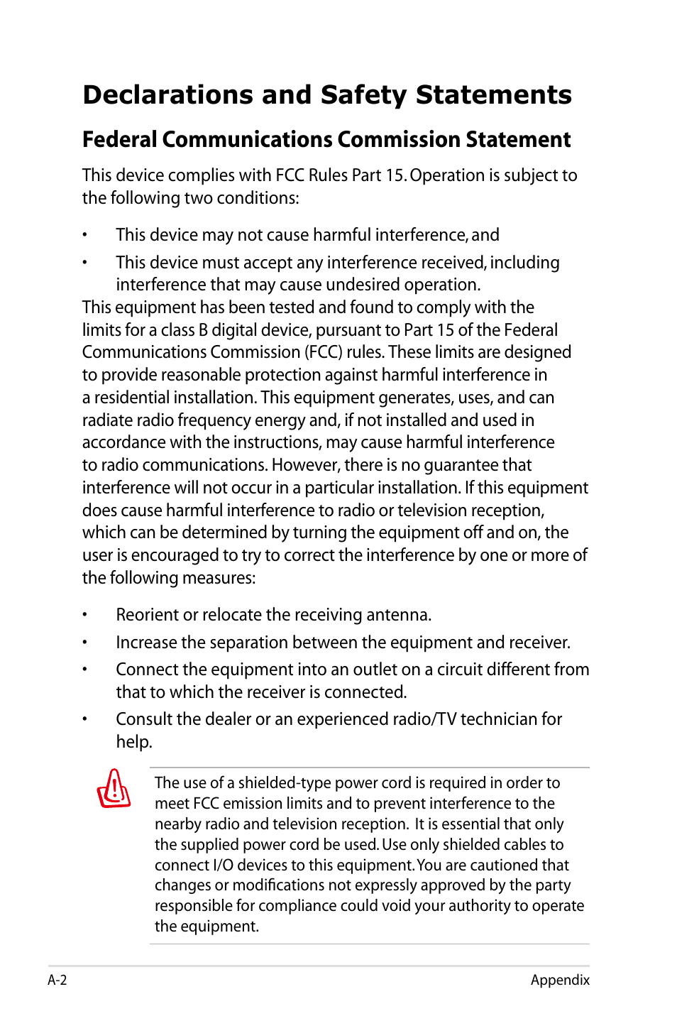 Declarations and safety statements, Federal communications commission statement | Asus Eee PC 900A/XP User Manual | Page 64 / 76