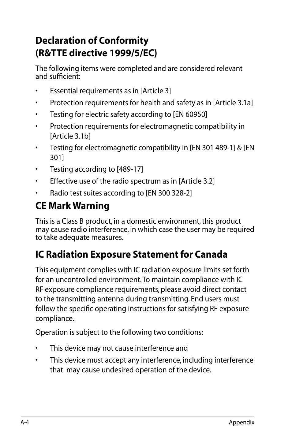 Ce mark warning, Ic radiation exposure statement for canada | Asus Eee PC 900A/XP User Manual | Page 66 / 76