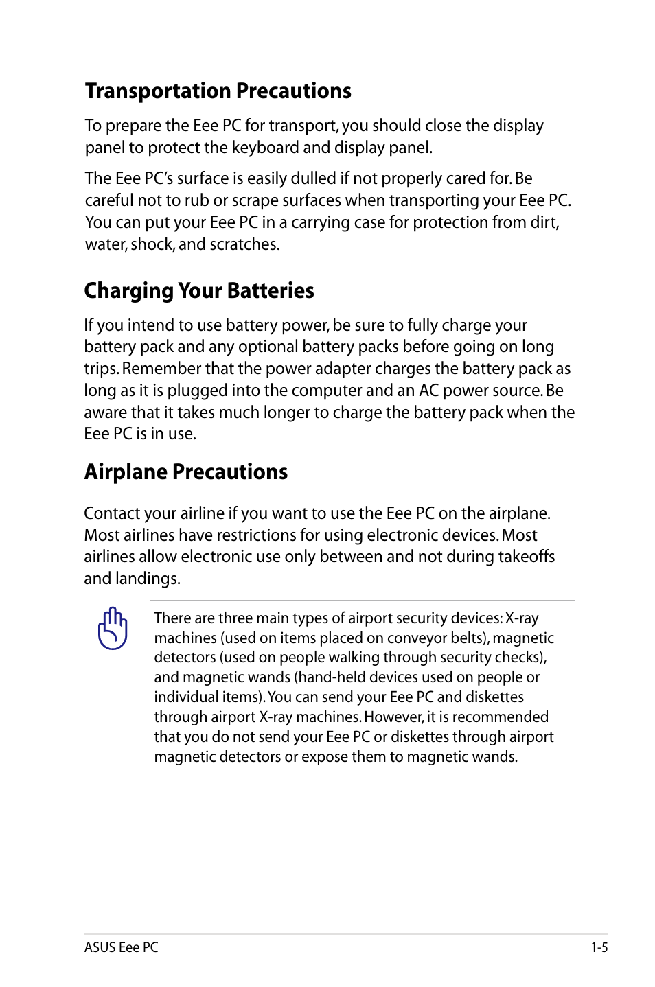 Transportation precautions, Charging your batteries, Airplane precautions | Asus Eee PC 900A/XP User Manual | Page 9 / 76