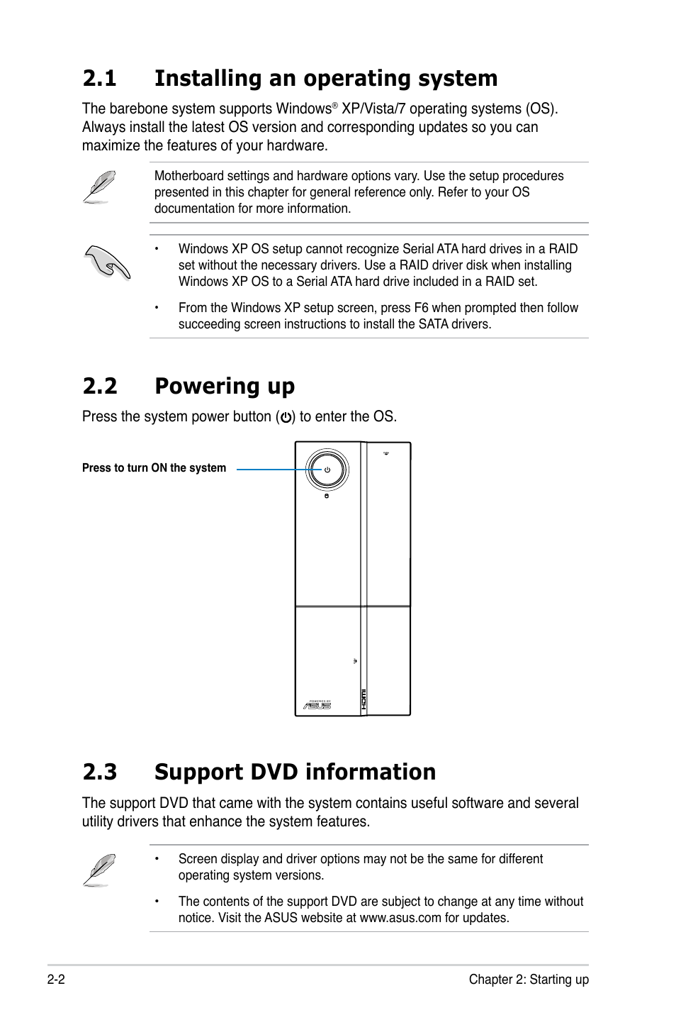 1 installing an operating system, 2 powering up, 3 support dvd information | Installing.an.operating.system -2, Powering.up -2, Support dvd information -2 | Asus P6-P5G41E User Manual | Page 23 / 67