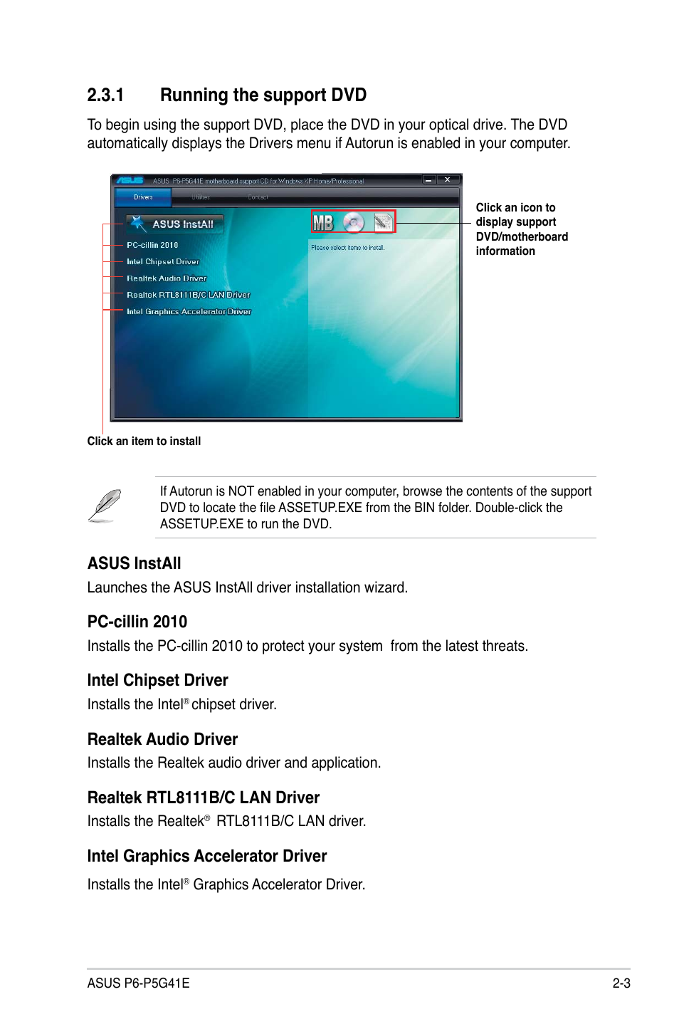 1 running the support dvd, Running the support dvd -3, Asus.install | Pc-cillin.2010, Intel.chipset.driver, Realtek.audio.driver, Realtek rtl8111b/c lan driver, Intel.graphics.accelerator.driver | Asus P6-P5G41E User Manual | Page 24 / 67