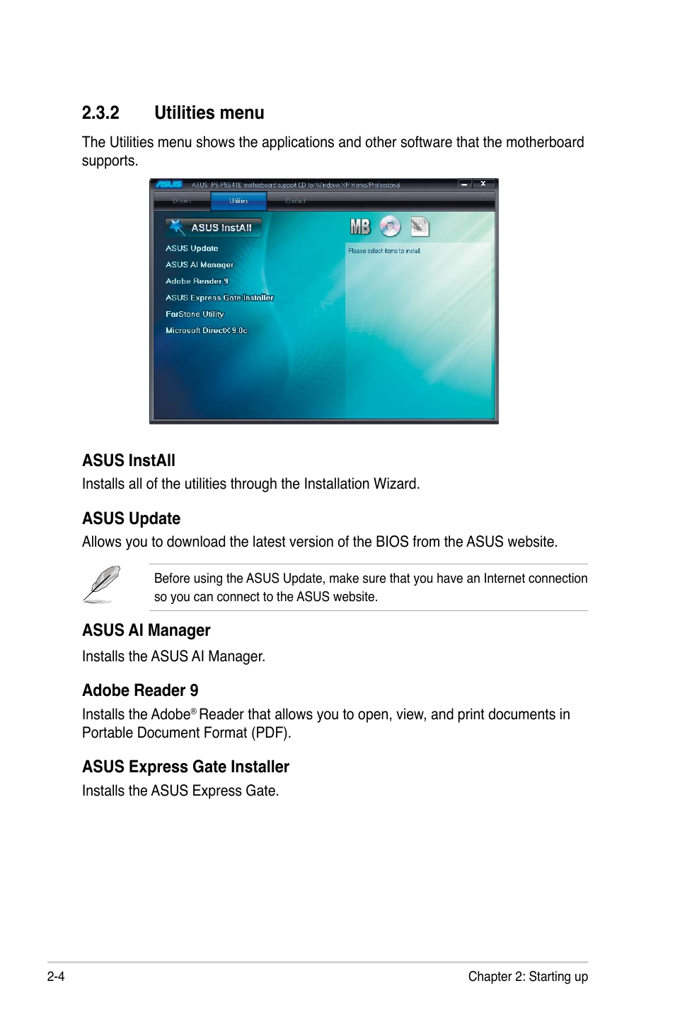 2 utilities menu, Utilities menu -4, Utilities.menu | Asus P6-P5G41E User Manual | Page 25 / 67