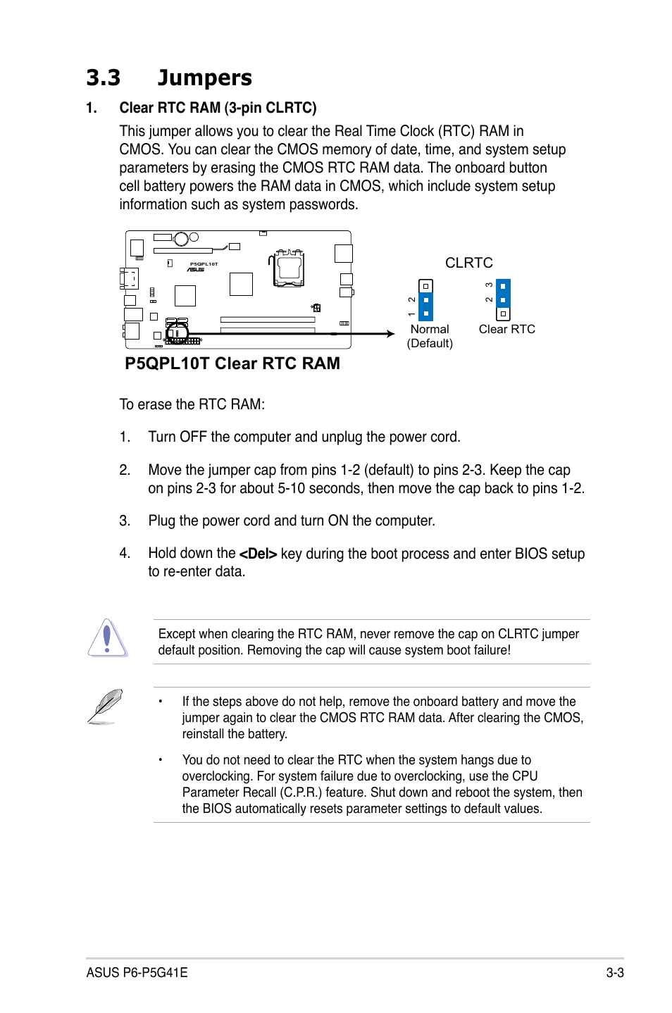 3 jumpers, Jumpers -3, P5qpl10t clear rtc ram | Asus P6-P5G41E User Manual | Page 32 / 67