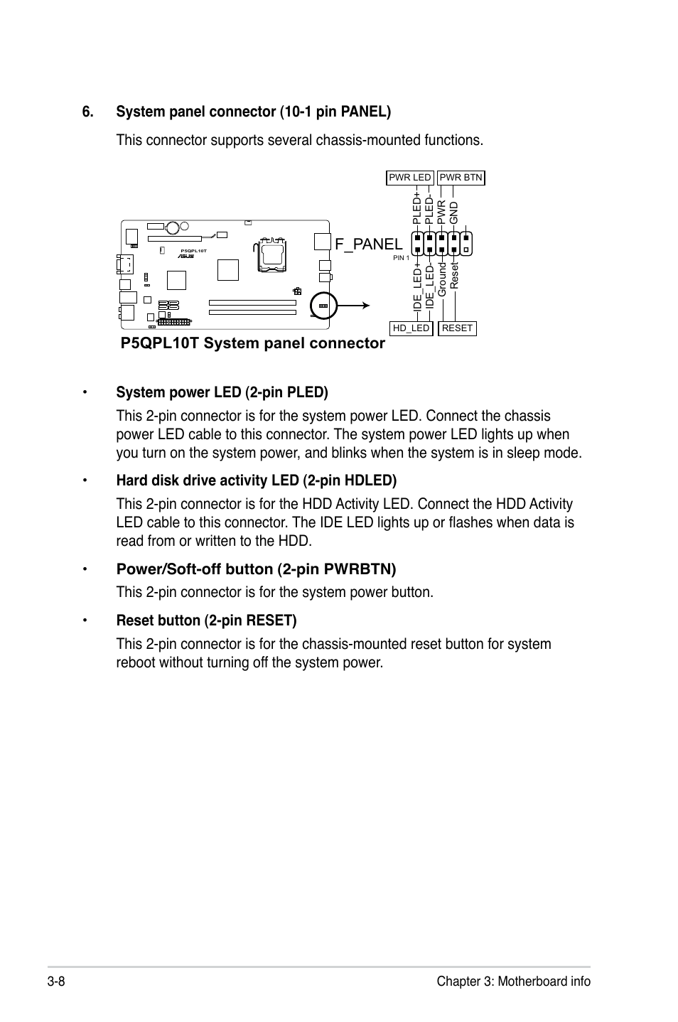 P5qpl10t system panel connector, F_panel | Asus P6-P5G41E User Manual | Page 37 / 67