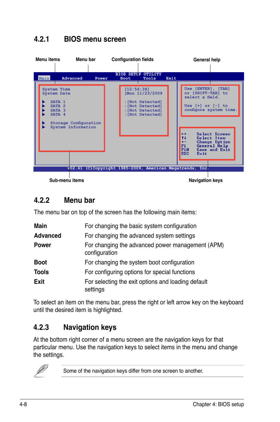 1 bios menu screen, 2 menu bar, 3 navigation keys | Bios menu screen -8, Menu bar -8, Navigation keys -8, Menu.bar, Bios.menu.screen, Navigation.keys | Asus P6-P5G41E User Manual | Page 45 / 67