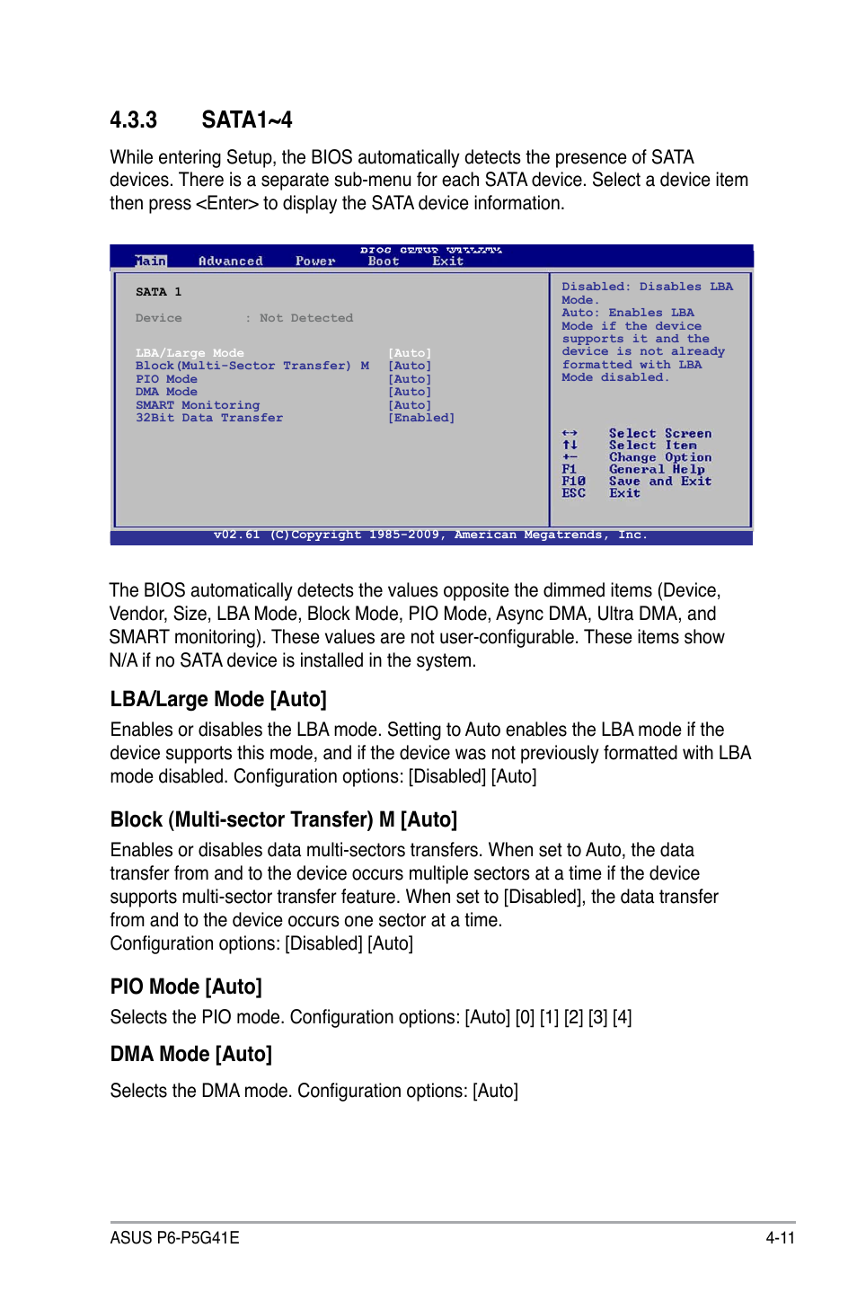 3 sata1~4, Sata1~4 -11, Sata1~4 | Lba/large mode [auto, Block (multi-sector transfer) m [auto, Pio.mode.[auto, Dma.mode.[auto, Selects the dma mode. configuration options: [auto | Asus P6-P5G41E User Manual | Page 48 / 67