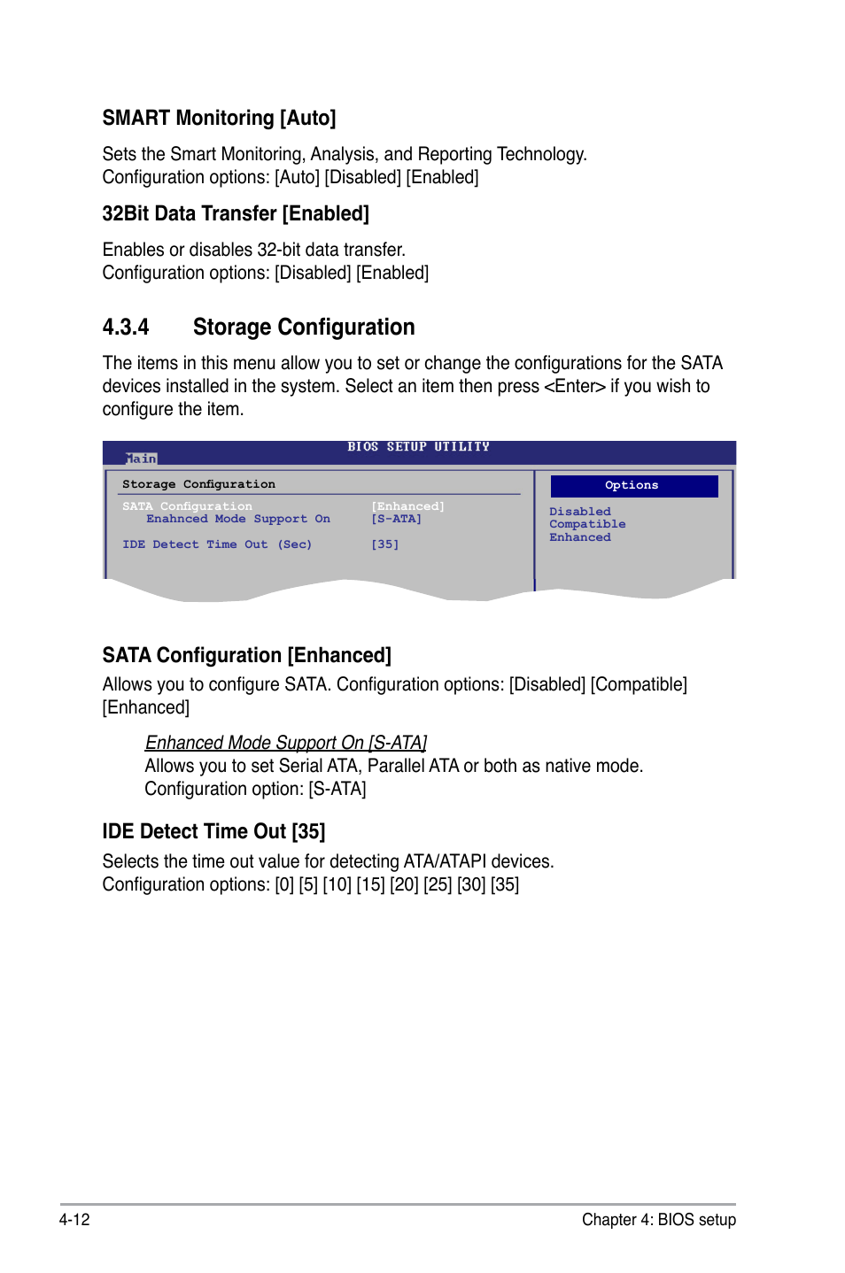 4 storage configuration, Storage configuration -12, Smart.monitoring.[auto | 32bit data transfer [enabled, Sata configuration [enhanced, Ide.detect.time.out.[35 | Asus P6-P5G41E User Manual | Page 49 / 67