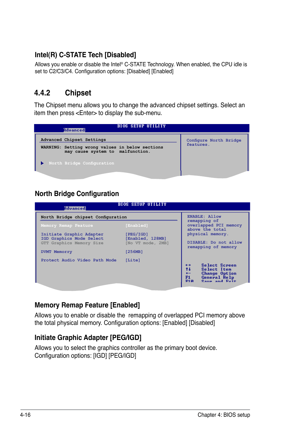 2 chipset, Chipset -16, Chipset | North bridge configuration, Initiate.graphic.adapter.[peg/igd, Intel(r) c-state tech [disabled | Asus P6-P5G41E User Manual | Page 53 / 67