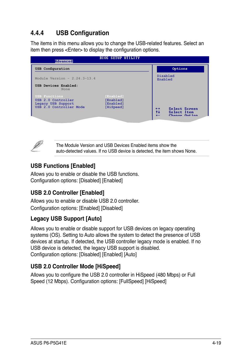 4 usb configuration, Usb configuration -19, Usb.functions.[enabled | Usb.2.0.controller.[enabled, Legacy usb support [auto, Usb.2.0.controller.mode.[hispeed | Asus P6-P5G41E User Manual | Page 56 / 67