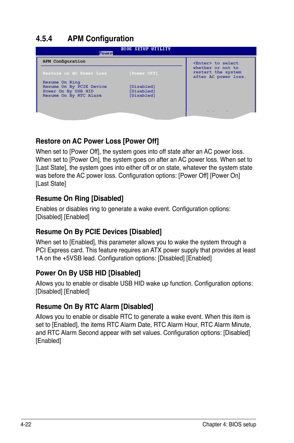 4 apm configuration, Apm configuration -22, Restore on ac power loss [power off | Resume.on.ring.[disabled, Resume.on.by.pcie.devices.[disabled, Resume.on.by.rtc.alarm.[disabled | Asus P6-P5G41E User Manual | Page 59 / 67