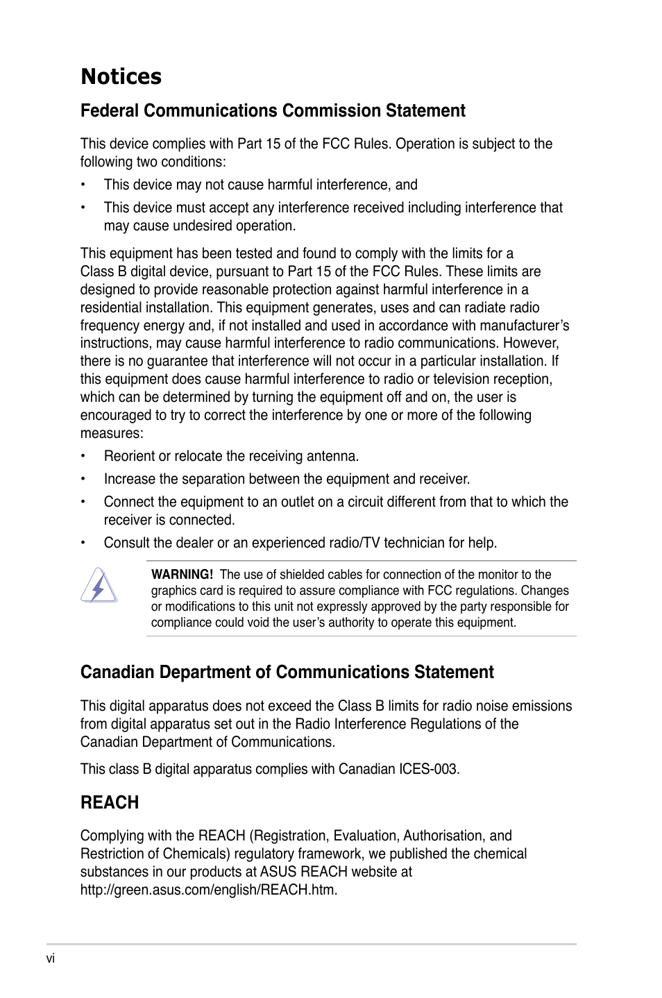 Notices, Canadian department of communications statement, Reach | Asus P6-P5G41E User Manual | Page 6 / 67