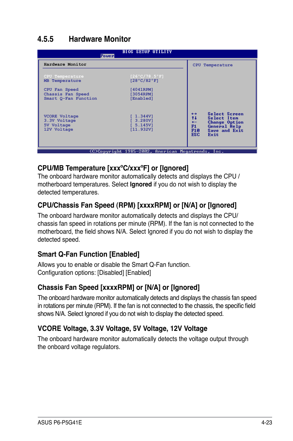 5 hardware monitor, Hardware monitor -23, Hardware.monitor | Cpu/mb.temperature.[xxxºc/xxxºf].or.[ignored, Smart.q-fan.function.[enabled | Asus P6-P5G41E User Manual | Page 60 / 67