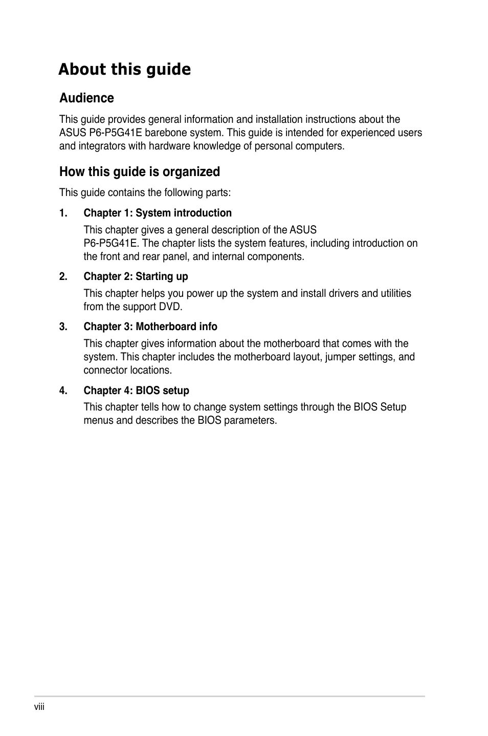 About this guide, Audience | Asus P6-P5G41E User Manual | Page 8 / 67