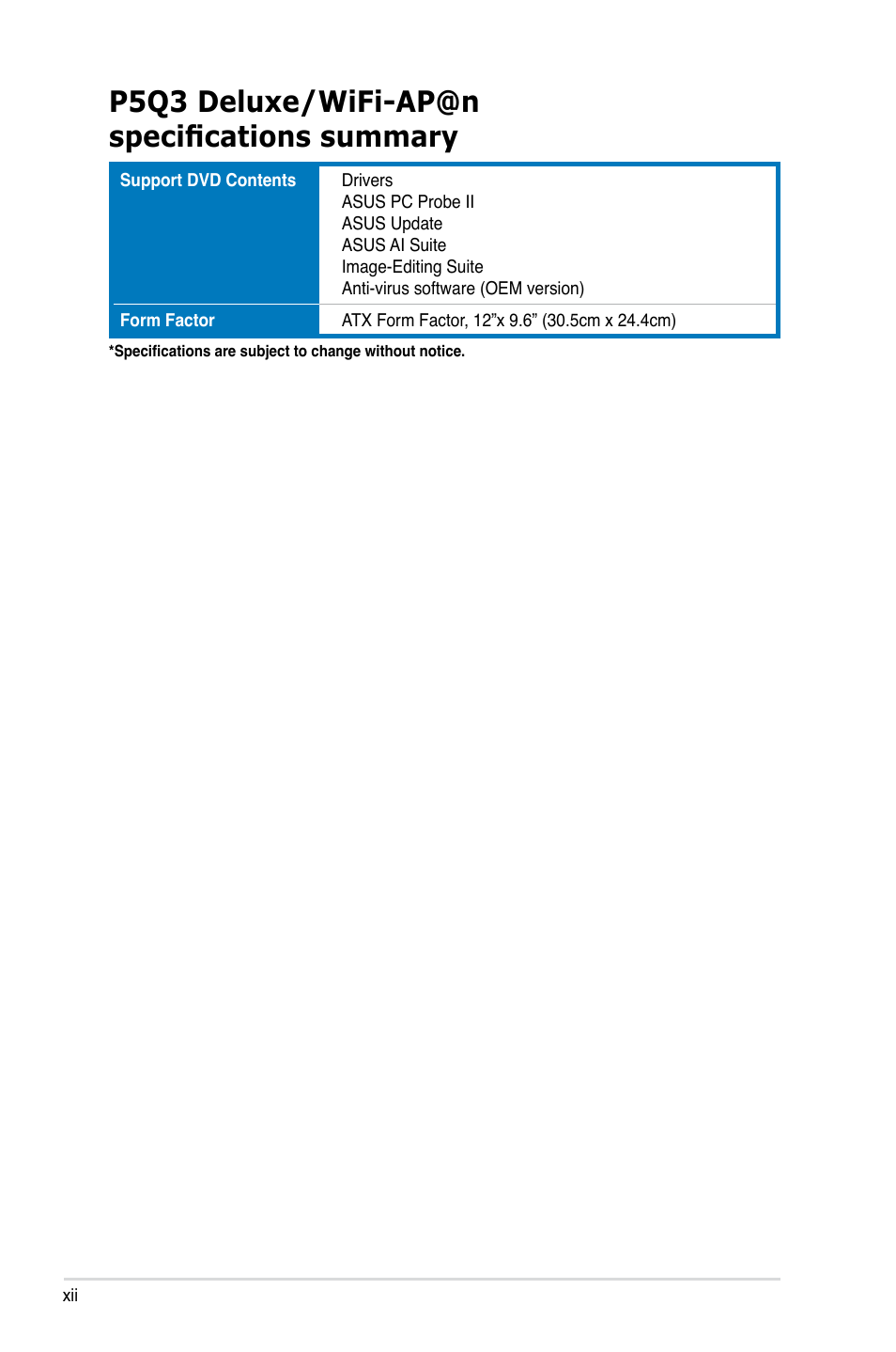 P5q3 deluxe/wifi-ap@n specifications summary | Asus P5Q3 Deluxe/WiFi-AP @n User Manual | Page 12 / 64