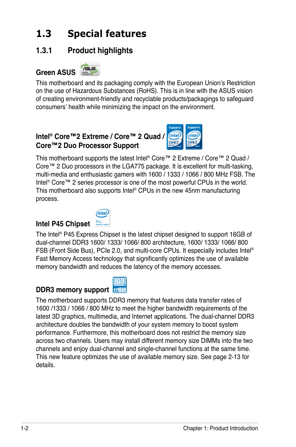 3 special features, 1 product highlights | Asus P5Q3 Deluxe/WiFi-AP @n User Manual | Page 16 / 64