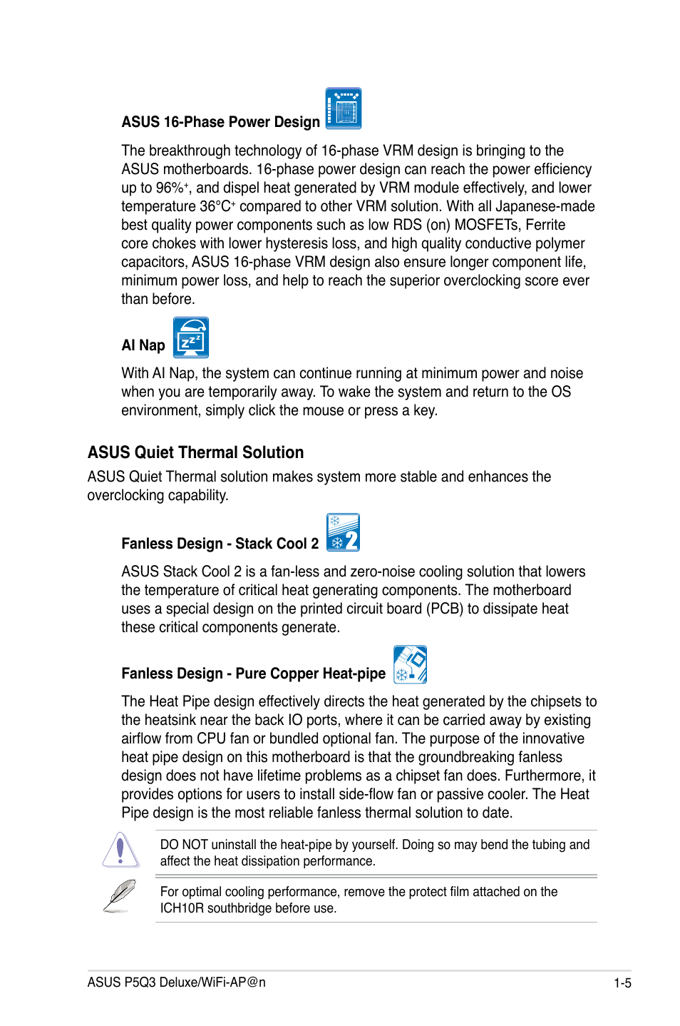 Asus quiet thermal solution | Asus P5Q3 Deluxe/WiFi-AP @n User Manual | Page 19 / 64