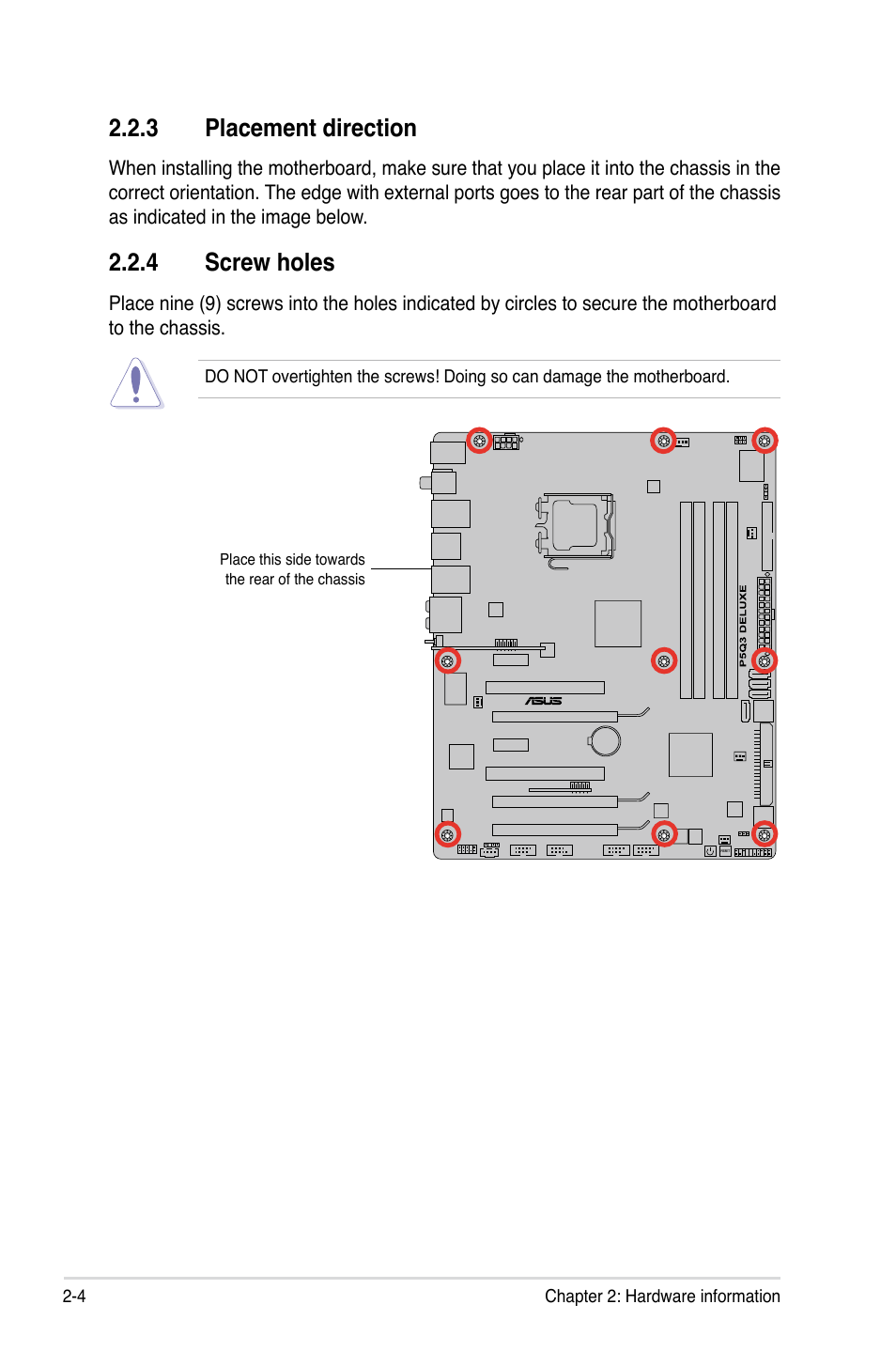 3 placement direction, 4 screw holes | Asus P5Q3 Deluxe/WiFi-AP @n User Manual | Page 28 / 64