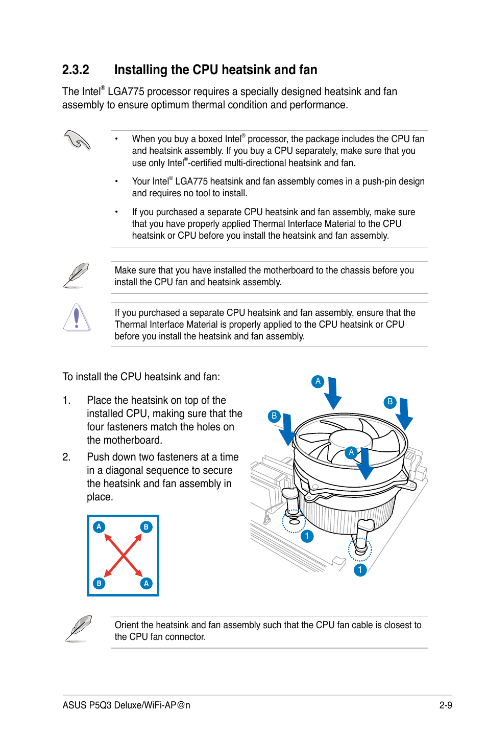 2 installing the cpu heatsink and fan | Asus P5Q3 Deluxe/WiFi-AP @n User Manual | Page 33 / 64