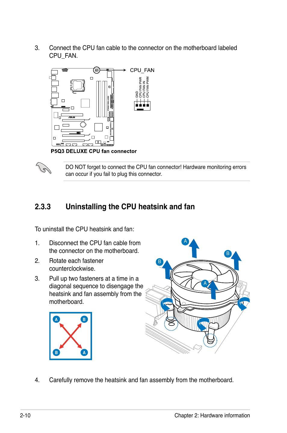 3 uninstalling the cpu heatsink and fan | Asus P5Q3 Deluxe/WiFi-AP @n User Manual | Page 34 / 64