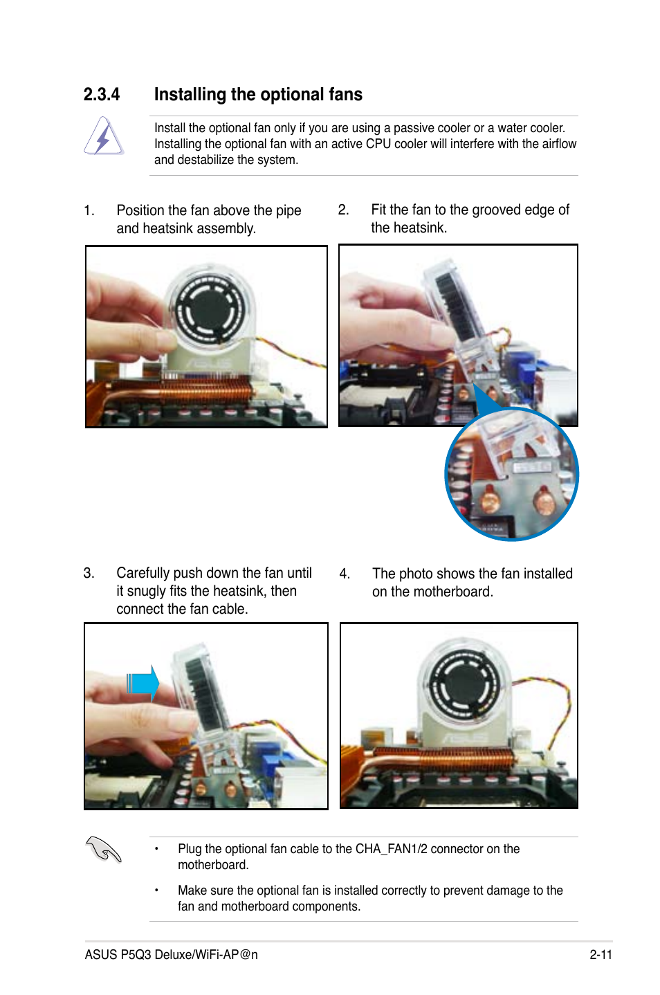 4 installing the optional fans | Asus P5Q3 Deluxe/WiFi-AP @n User Manual | Page 35 / 64