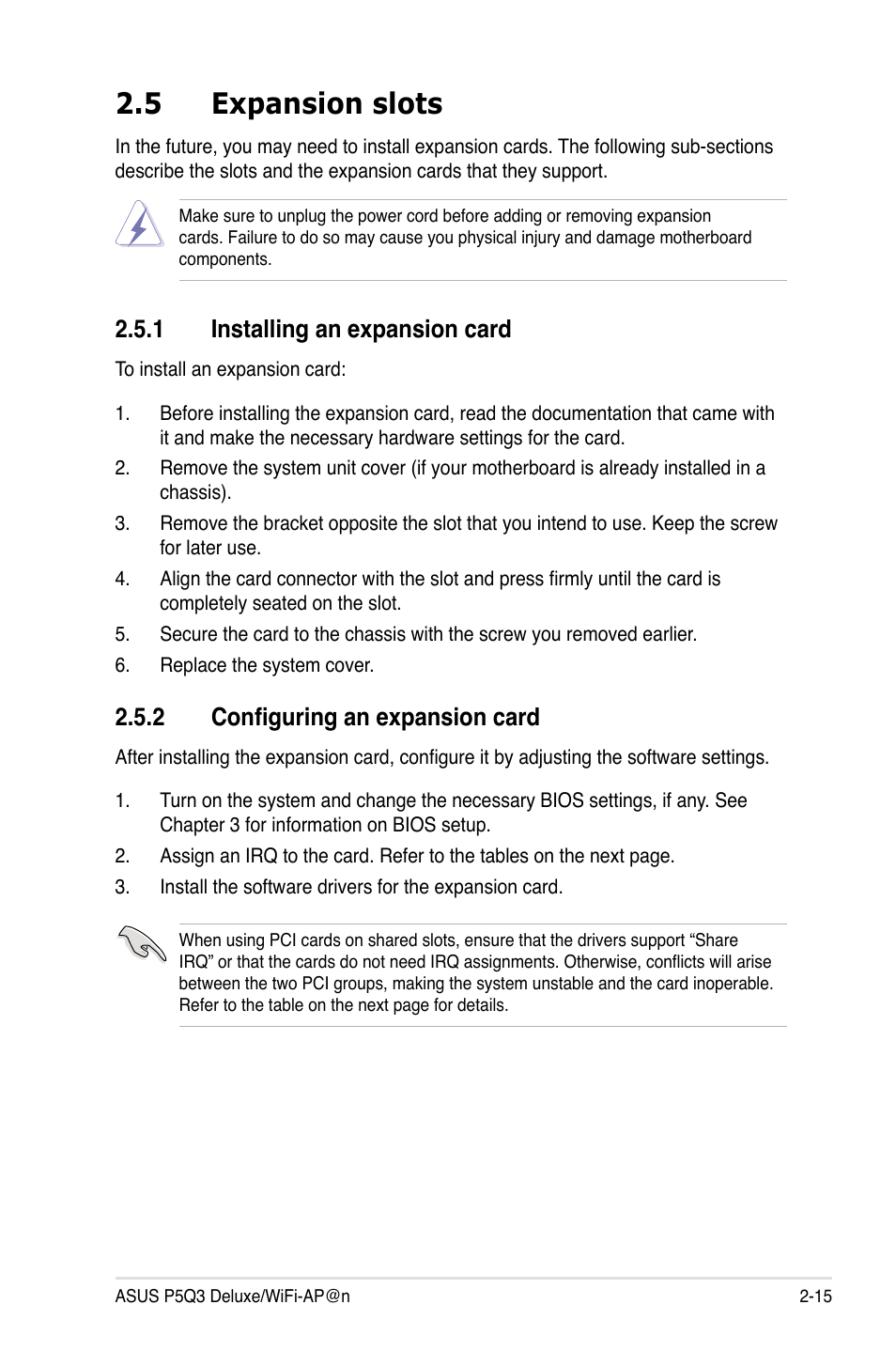 5 expansion slots, 1 installing an expansion card, 2 configuring an expansion card | Asus P5Q3 Deluxe/WiFi-AP @n User Manual | Page 39 / 64