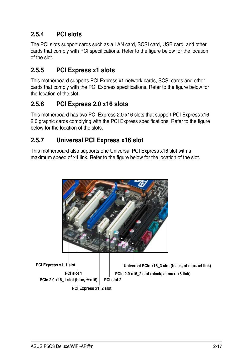 4 pci slots, 5 pci express x1 slots, 7 universal pci express x16 slot | Asus P5Q3 Deluxe/WiFi-AP @n User Manual | Page 41 / 64