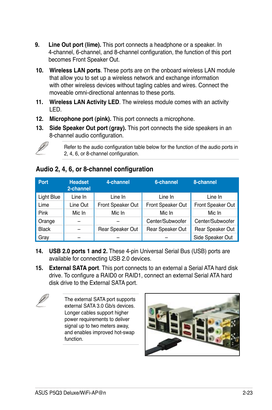 Audio 2, 4, 6, or 8-channel configuration | Asus P5Q3 Deluxe/WiFi-AP @n User Manual | Page 47 / 64