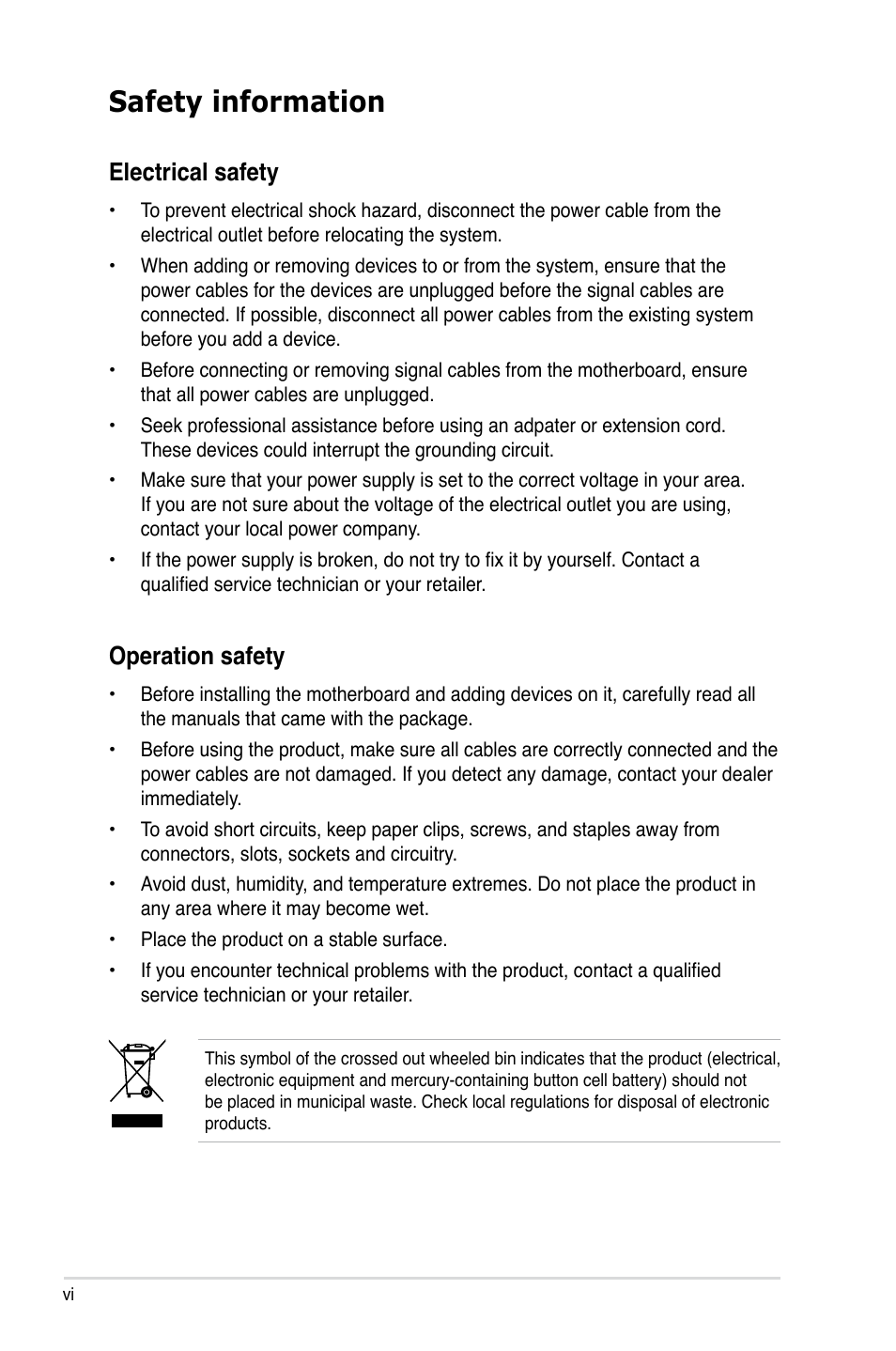 Safety information, Electrical safety, Operation safety | Asus P5Q3 Deluxe/WiFi-AP @n User Manual | Page 6 / 64