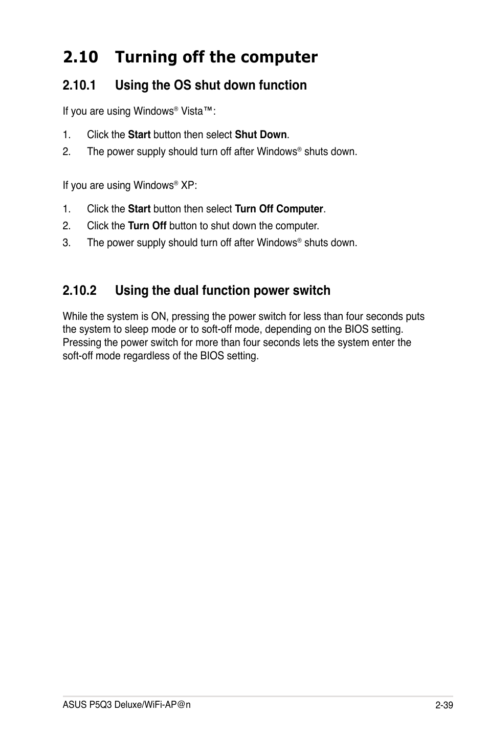10 turning off the computer, 1 using the os shut down function, 2 using the dual function power switch | Asus P5Q3 Deluxe/WiFi-AP @n User Manual | Page 63 / 64