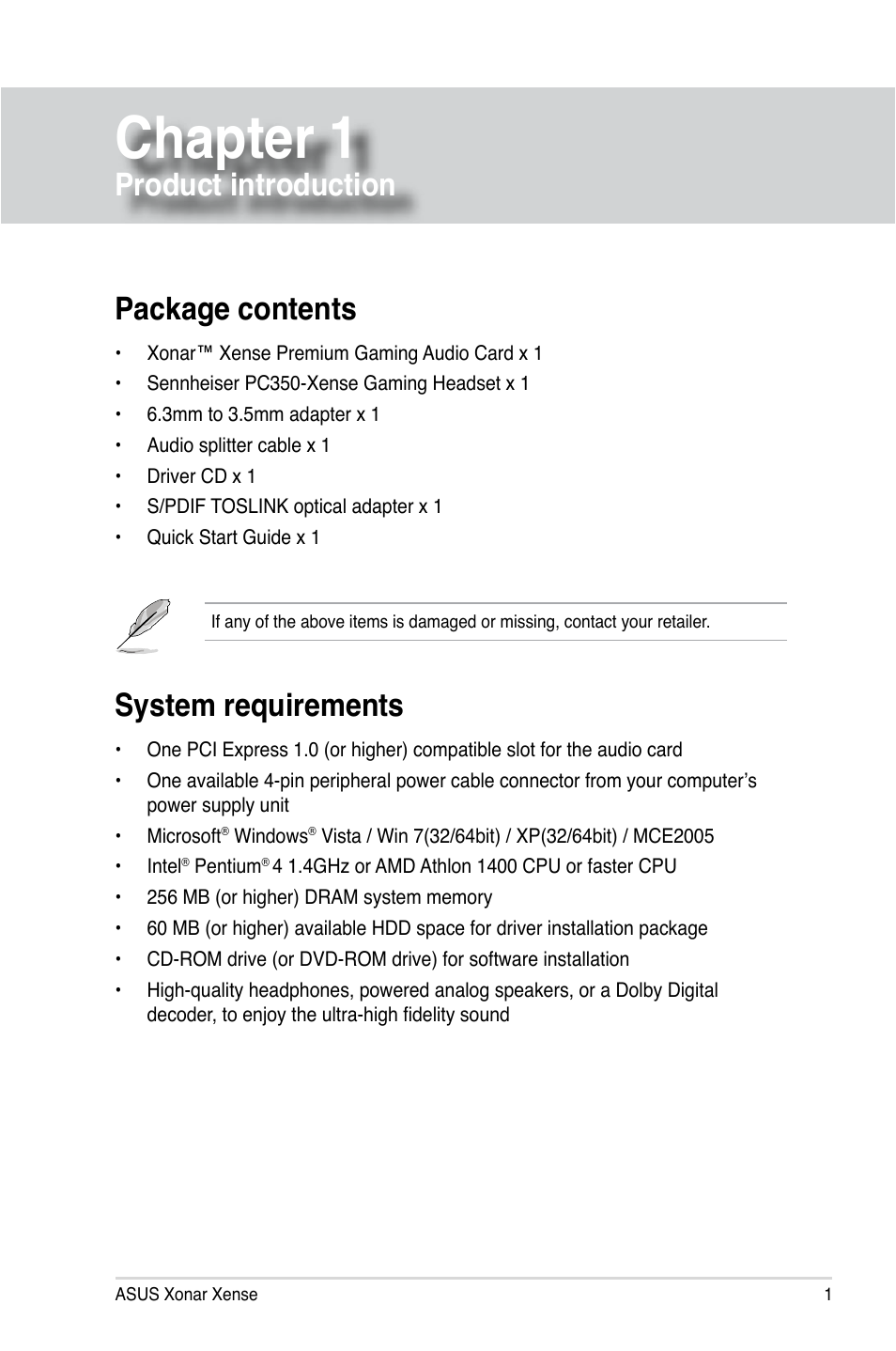 Chapter 1, Product introduction, Package contents | System requirements, Chapter 1 product introduction, Package contents system requirements | Asus Xonar Xense User Manual | Page 10 / 47