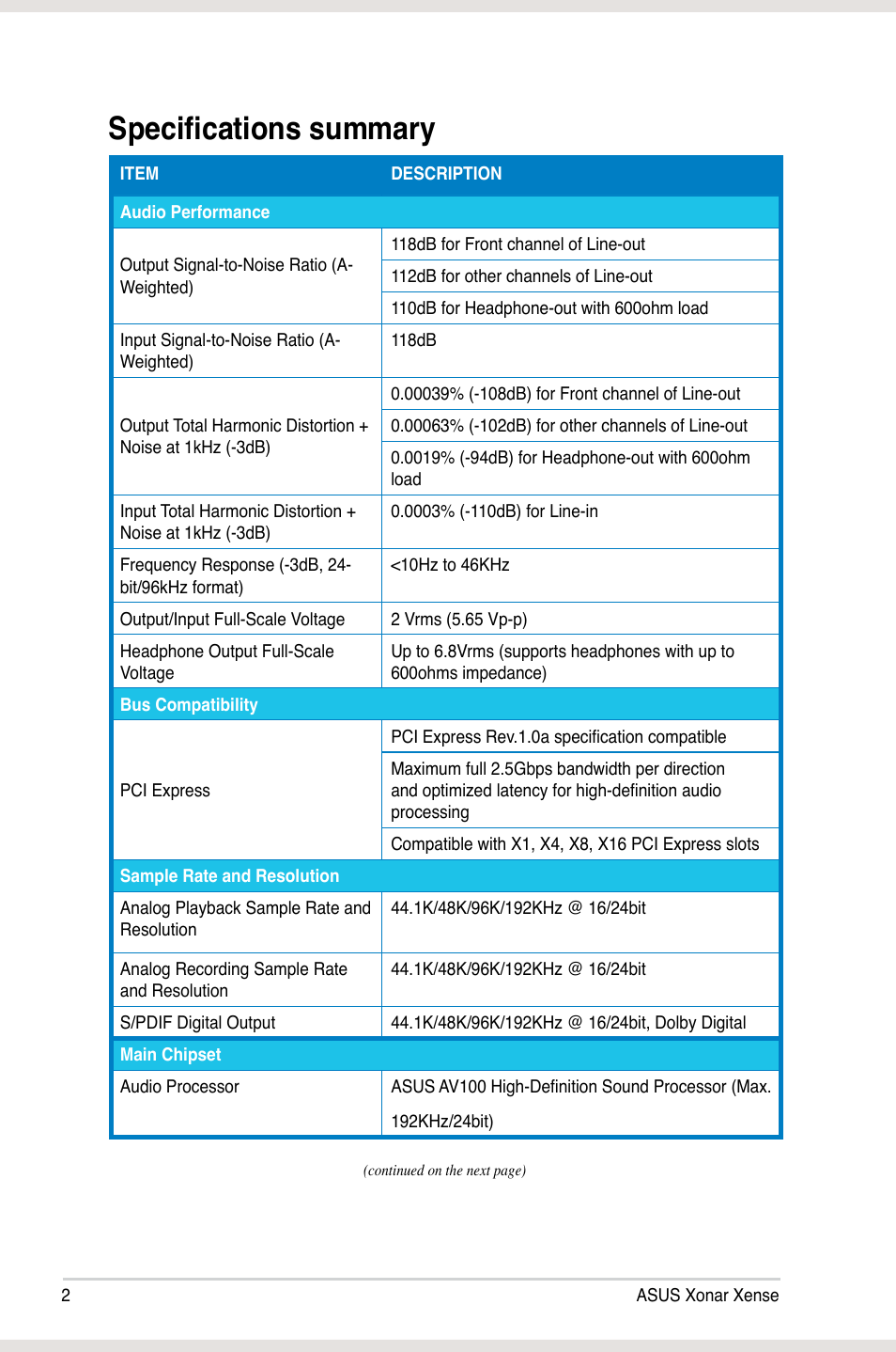 Specifications summary | Asus Xonar Xense User Manual | Page 11 / 47