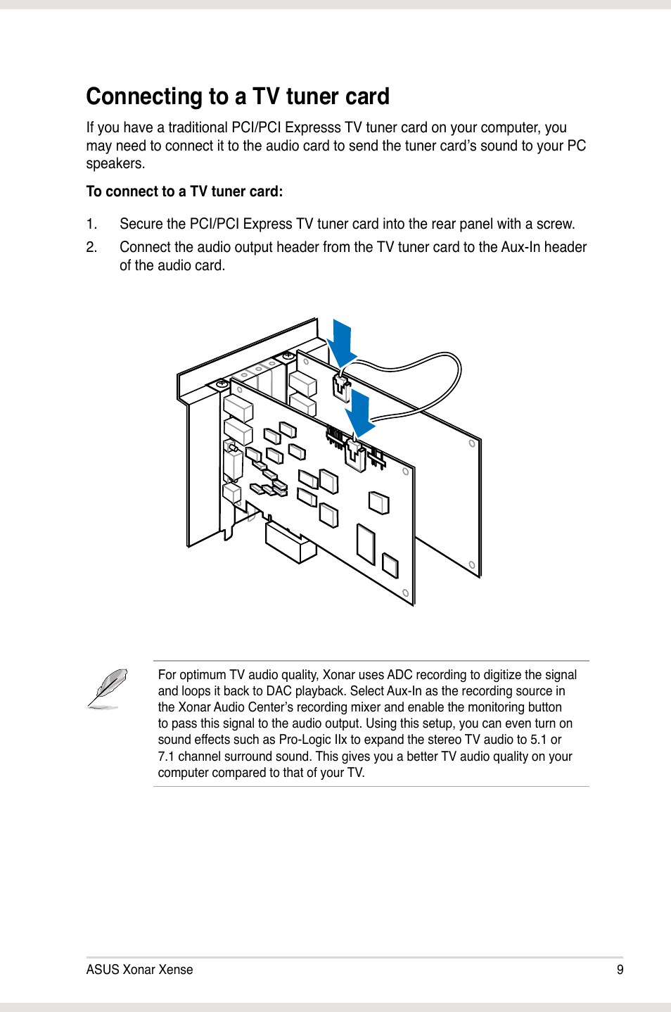 Connecting to a tv tuner card | Asus Xonar Xense User Manual | Page 18 / 47