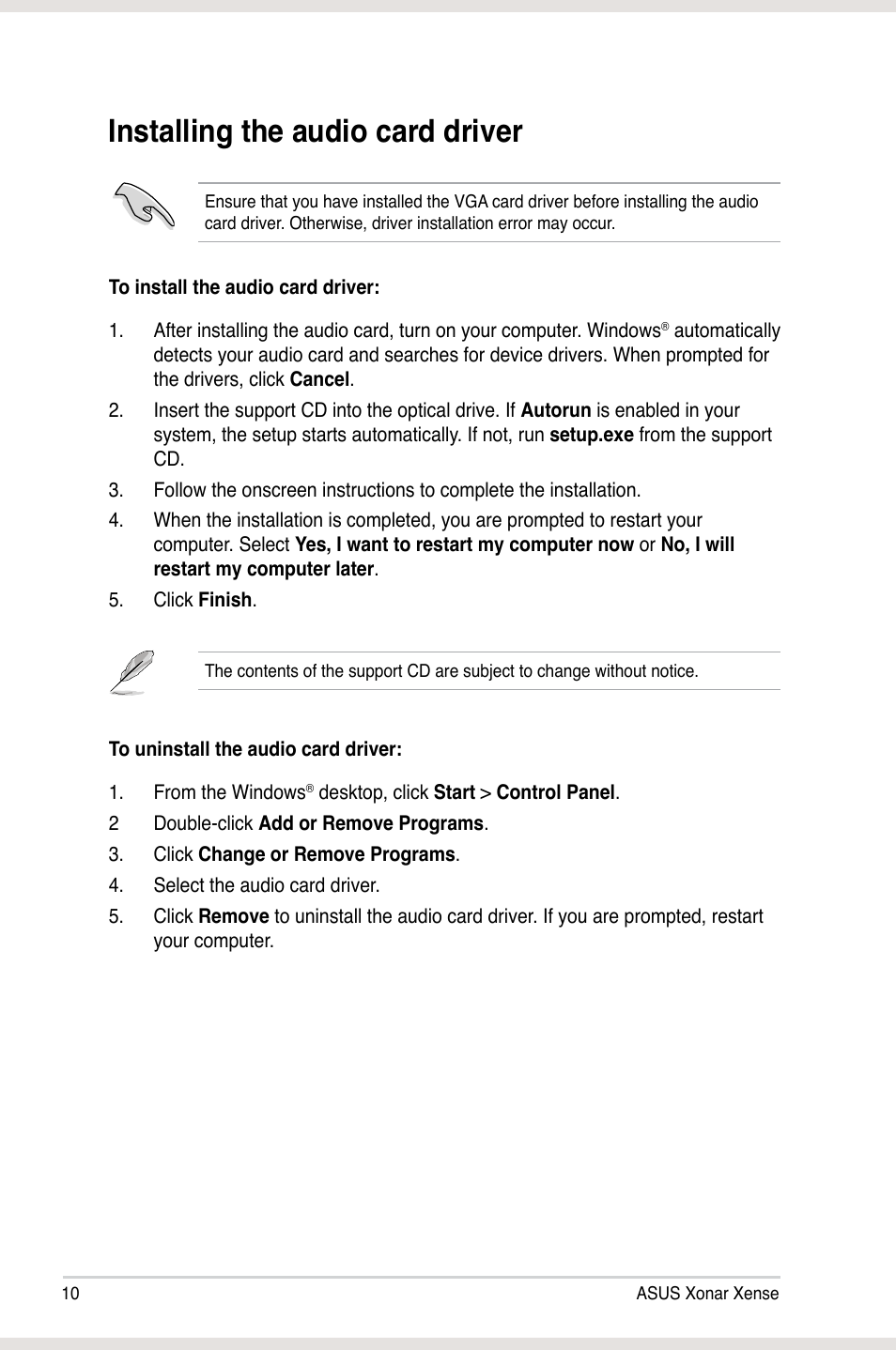 Installing the audio card driver | Asus Xonar Xense User Manual | Page 19 / 47