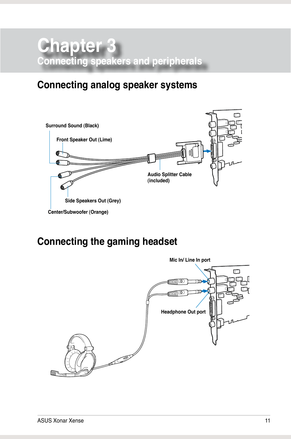 Chapter 3, Connecting speakers and peripherals, Connecting analog speaker systems | Connecting the gaming headset, Chapter 3 connecting speakers and peripherals | Asus Xonar Xense User Manual | Page 20 / 47