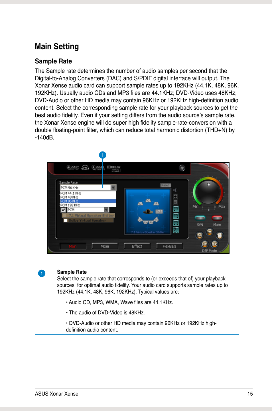 Main setting, Sample rate | Asus Xonar Xense User Manual | Page 24 / 47