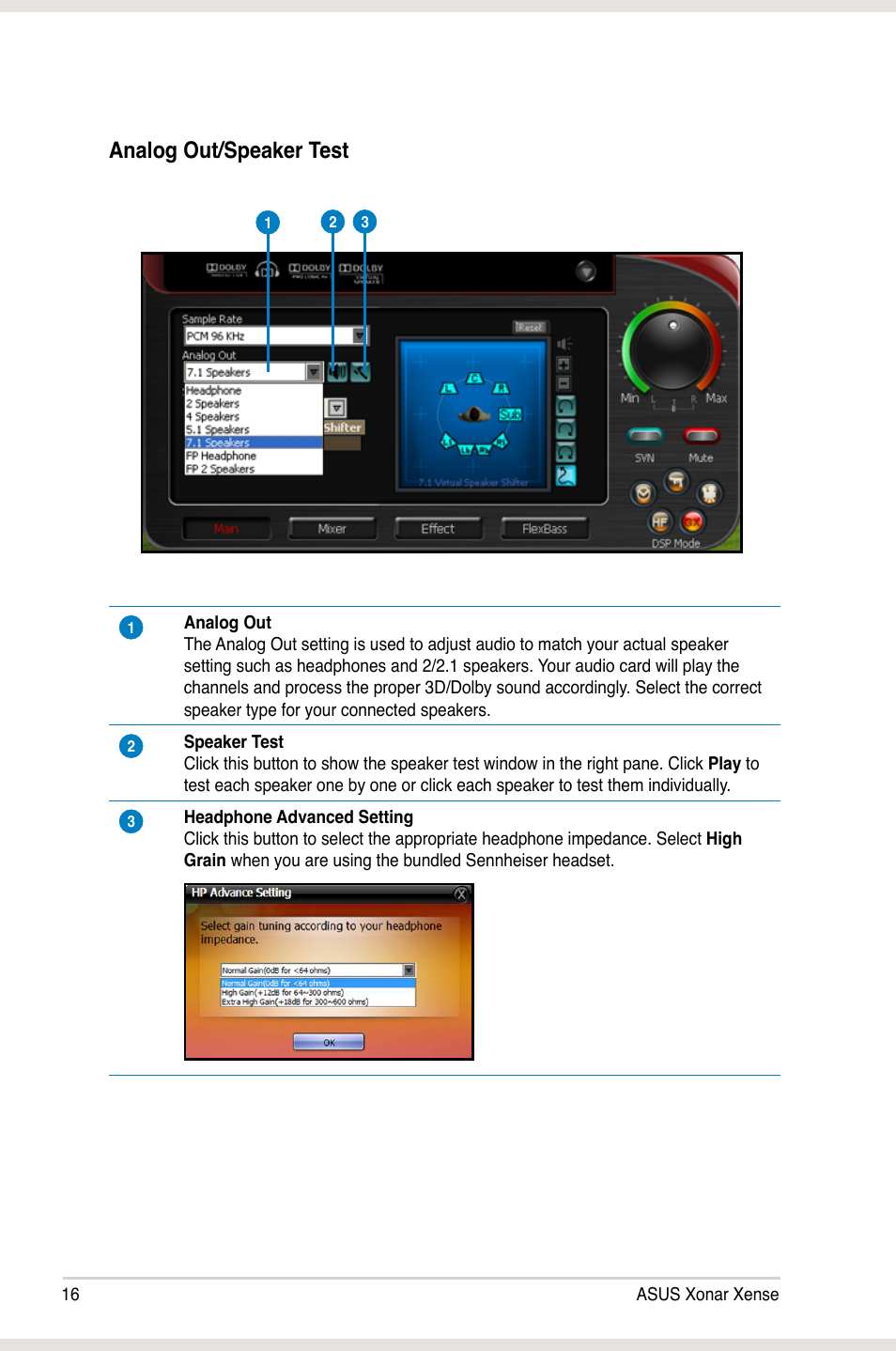 Analog out/speaker test | Asus Xonar Xense User Manual | Page 25 / 47