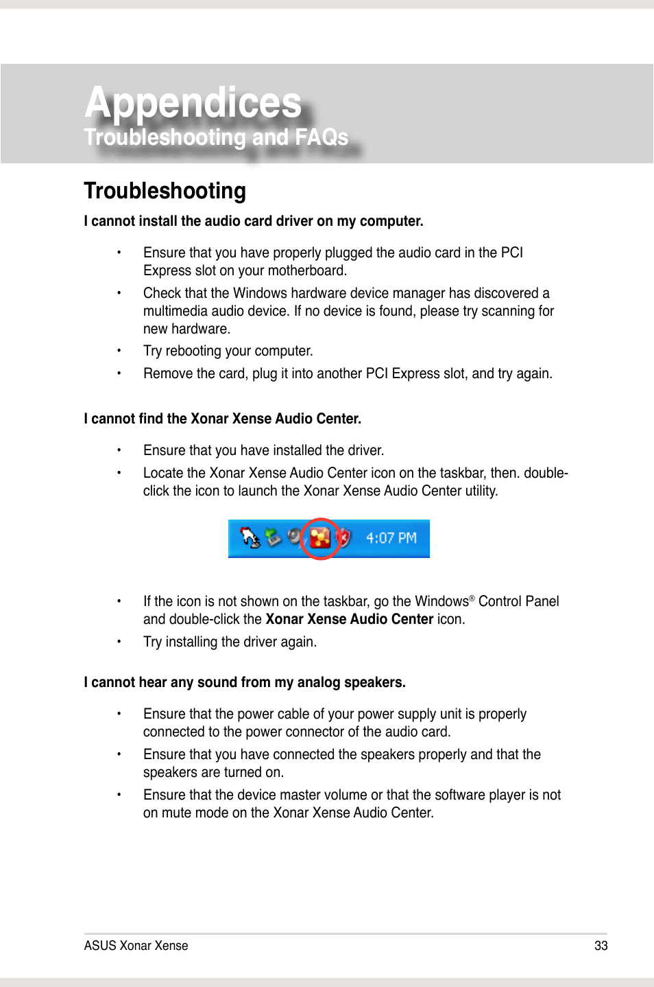 Appendices, Troubleshooting and faqs, Troubleshooting | Appendices troubleshooting and faqs | Asus Xonar Xense User Manual | Page 42 / 47