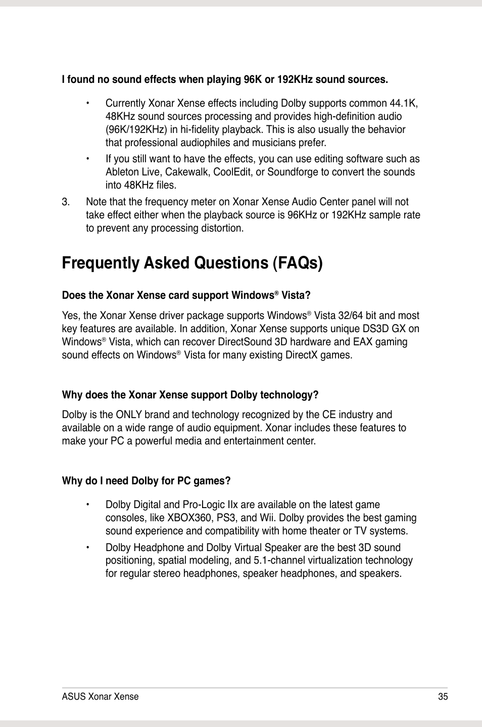 Frequently asked questions (faqs) | Asus Xonar Xense User Manual | Page 44 / 47