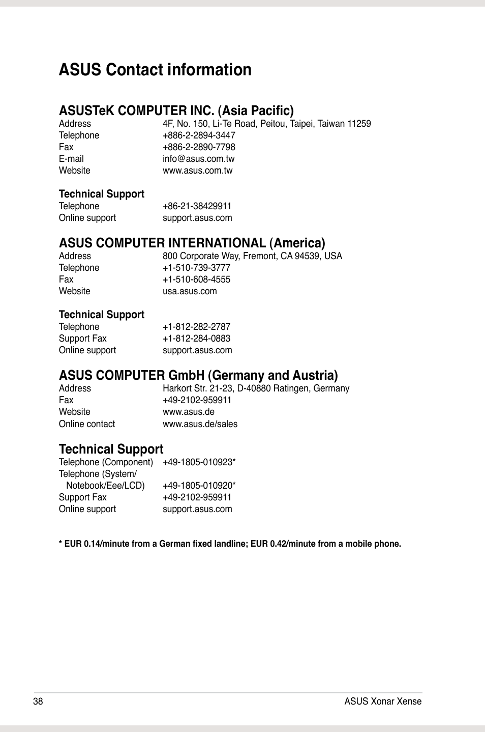 Asus contact information, Asustek computer inc. (asia pacific), Asus computer international (america) | Asus computer gmbh (germany and austria), Technical support | Asus Xonar Xense User Manual | Page 47 / 47