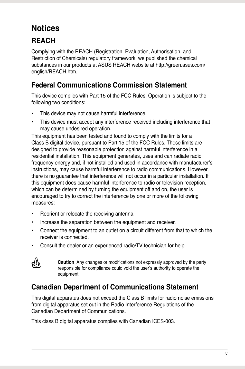 Notices, Reach, Federal communications commission statement | Canadian department of communications statement | Asus Xonar Xense User Manual | Page 5 / 47