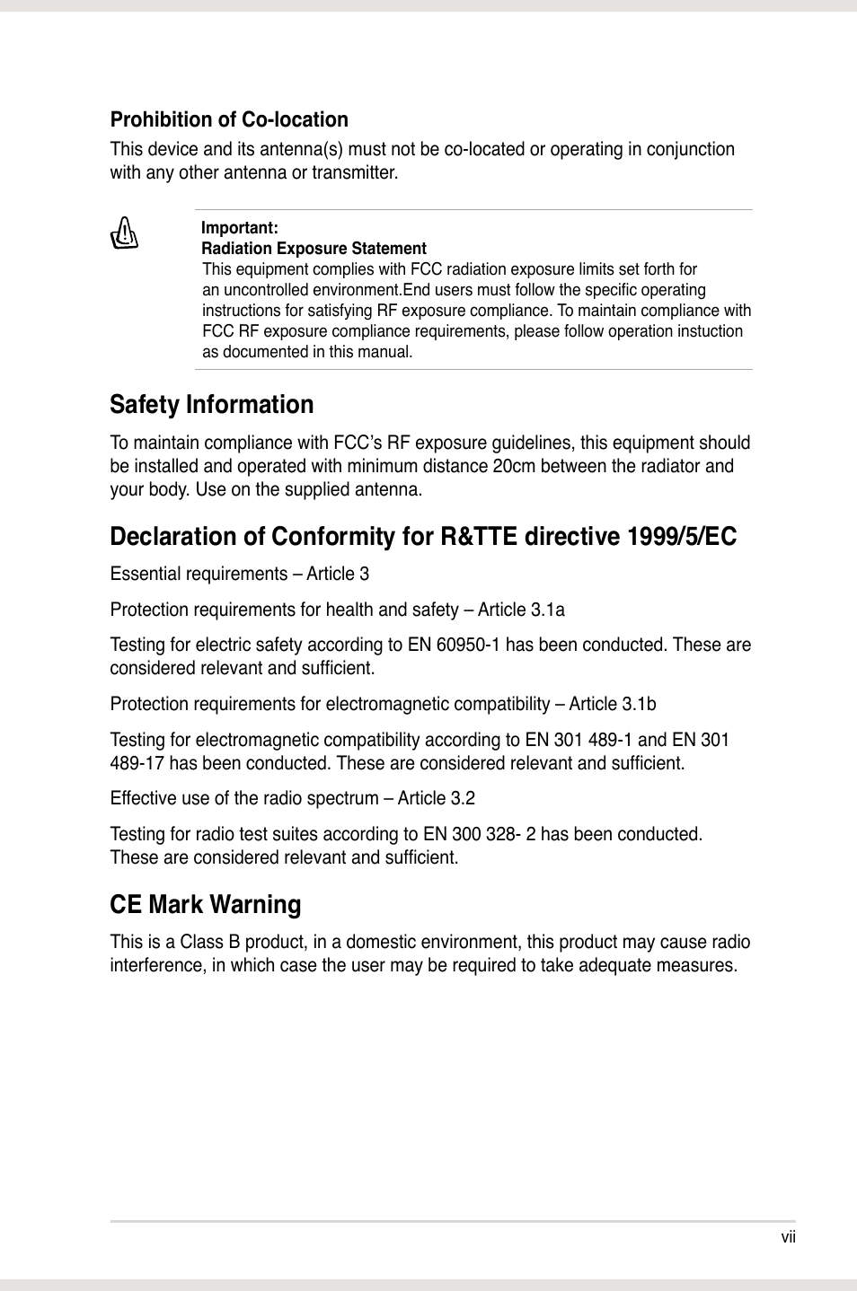 Safety information, Ce mark warning | Asus Xonar Xense User Manual | Page 7 / 47