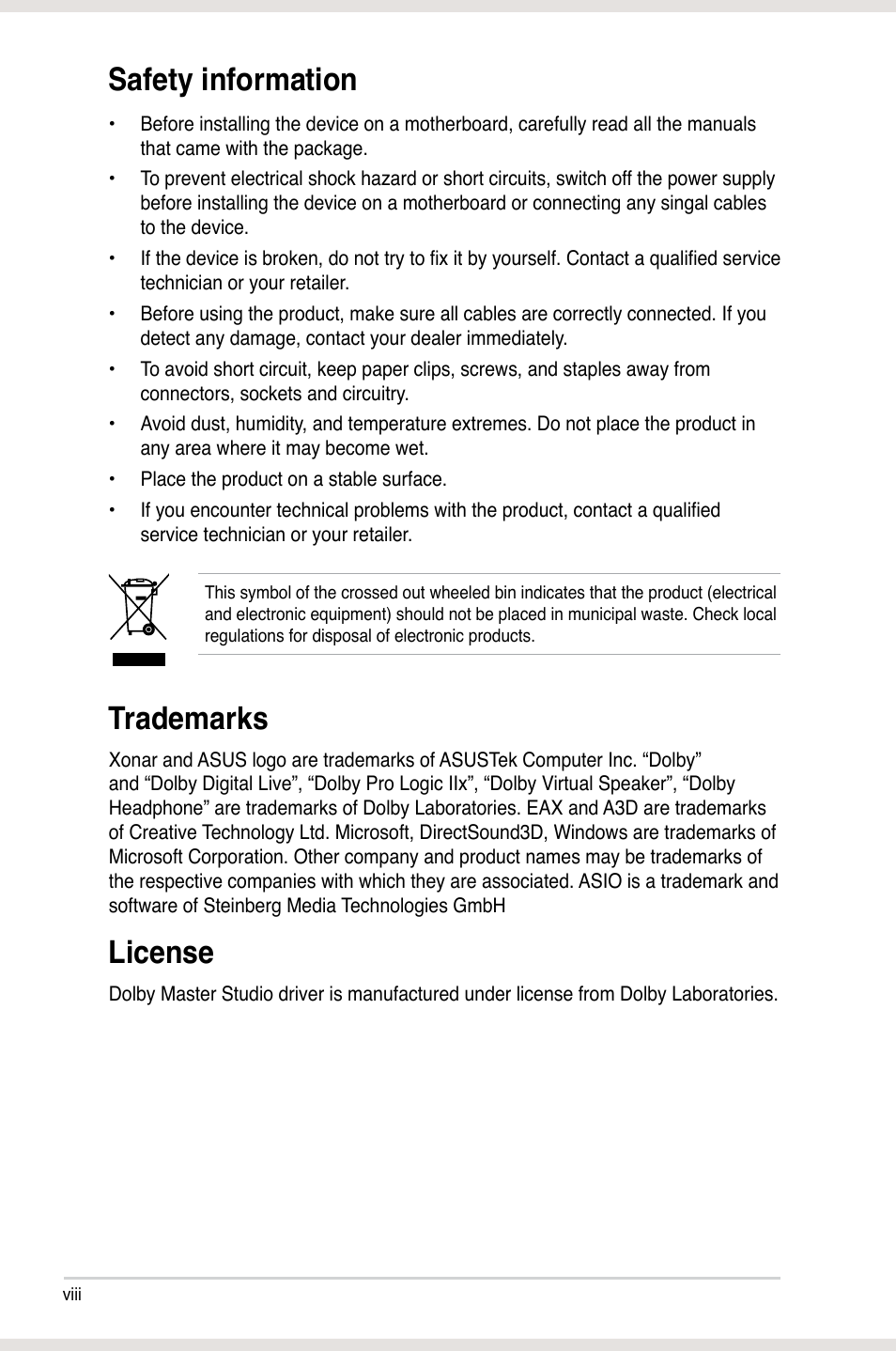 Safety information, Trademarks, License | Asus Xonar Xense User Manual | Page 8 / 47