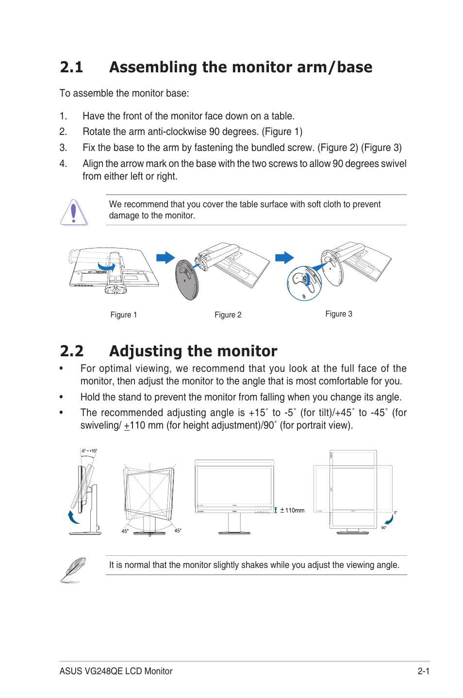 Chapter 2: setup, 1 assembling the monitor arm/base, 2 adjusting the monitor | Assembling the monitor arm/base -1, Adjusting the monitor -1 | Asus VG248QE User Manual | Page 13 / 25